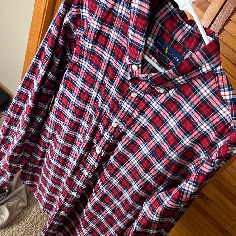Ralph Lauren Men's Red and Blue Plaid Shirt